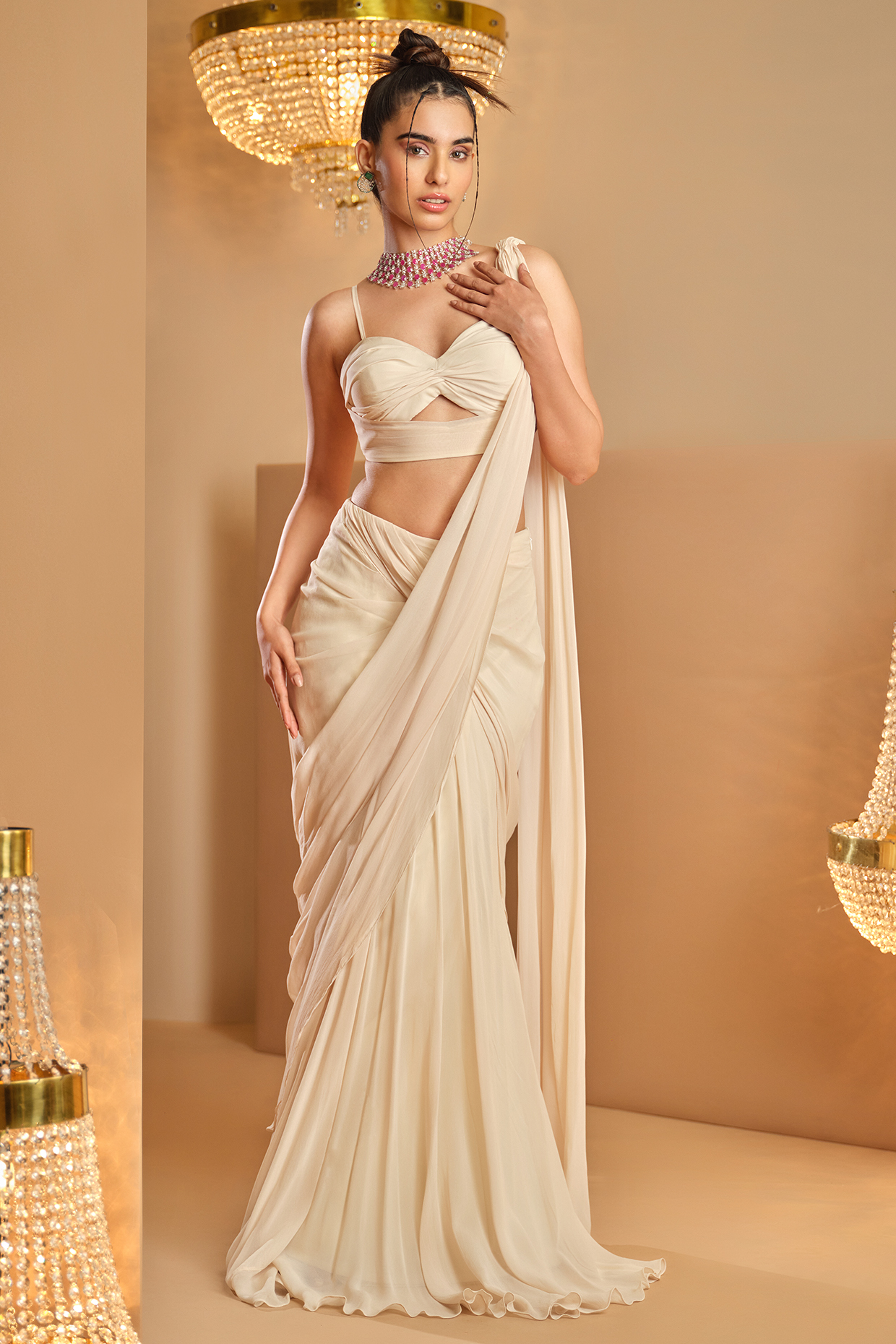 Off-White Georgette Draped Wedding Saree Set by K&A By Karishma And Ashita at Pernia's Pop Up Shop