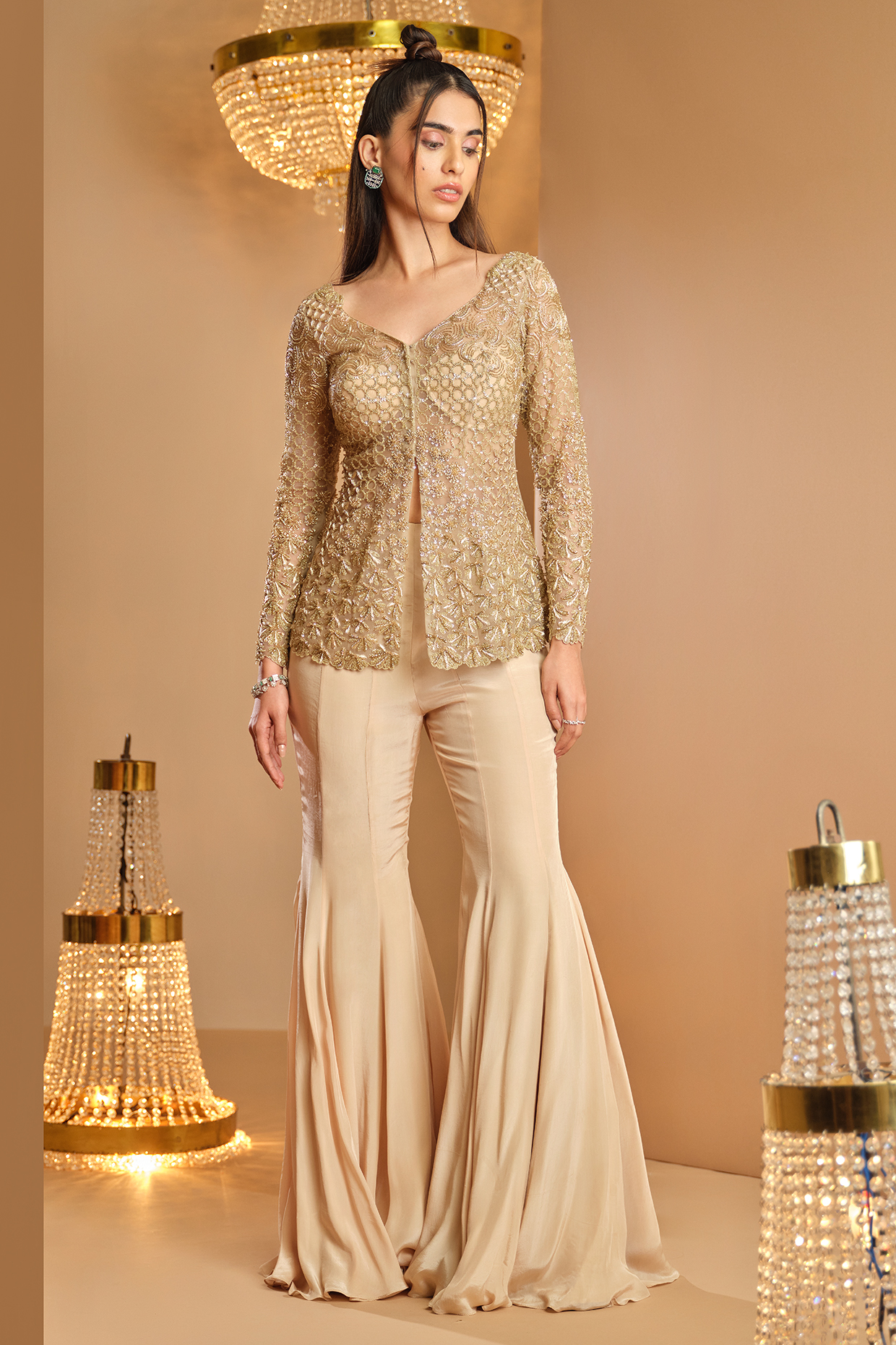 Gold Net & Crepe Embellished Jacket Set by K&A By Karishma And Ashita at Pernia's Pop Up Shop