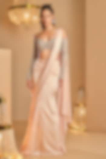 Nude Pink Satin Draped Reception Saree Set by K&A By Karishma And Ashita at Pernia's Pop Up Shop