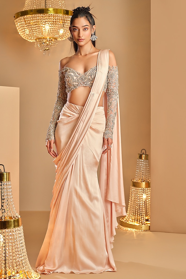 Nude Pink Satin Draped Reception Saree Set by K&A By Karishma And Ashita at Pernia's Pop Up Shop