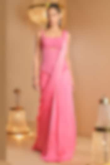 Bubble Gum Pink Cotton Satin Draped Reception Saree Set by K&A By Karishma And Ashita at Pernia's Pop Up Shop