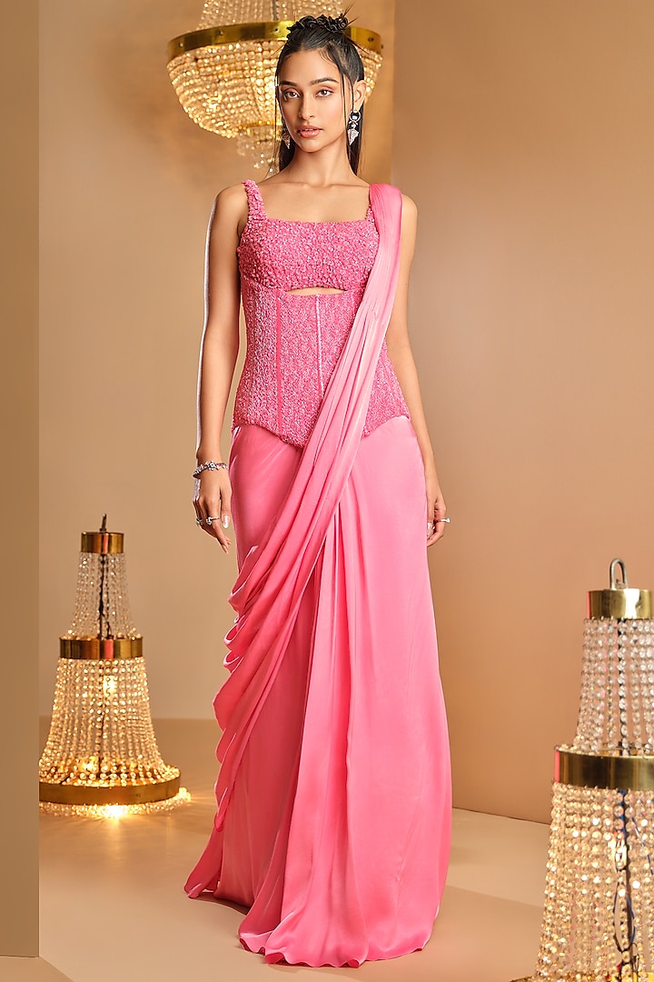 Bubble Gum Pink Cotton Satin Draped Reception Saree Set by K&A By Karishma And Ashita at Pernia's Pop Up Shop