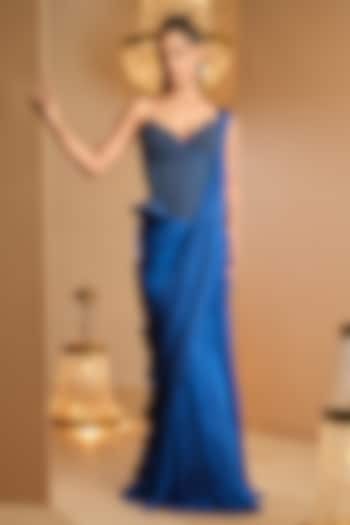 Electric Blue Cotton Satin Draped Reception Saree Set by K&A By Karishma And Ashita at Pernia's Pop Up Shop