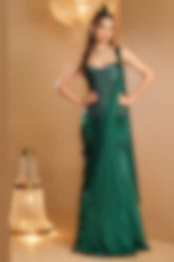 Bottle Green Cotton Satin Draped Wedding Saree Set by K&A By Karishma And Ashita at Pernia's Pop Up Shop