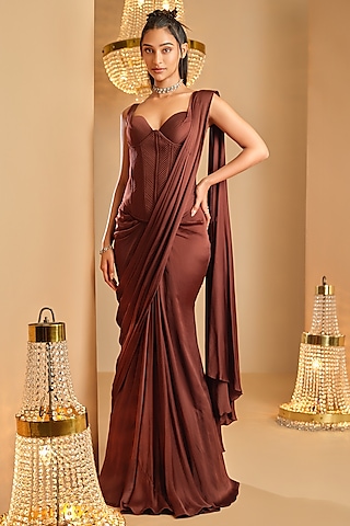 Brown Cotton Satin Draped Saree Set by K&A By Karishma And Ashita