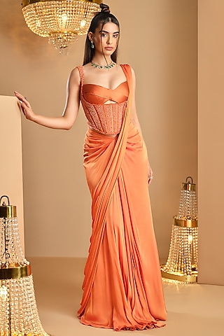 Rust Cotton Satin Draped Saree Set by K&A By Karishma And Ashita