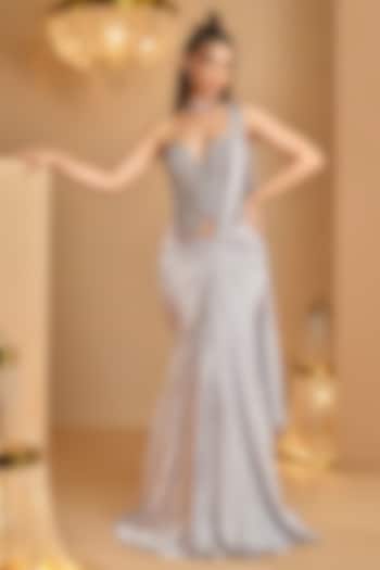 Grey Cotton Satin Draped Reception Saree Set by K&A By Karishma And Ashita at Pernia's Pop Up Shop