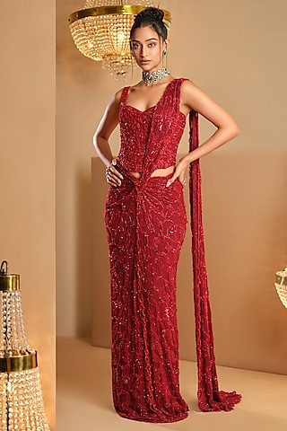 Red Cotton Satin & Net Draped Saree Set by K&A By Karishma And Ashita
