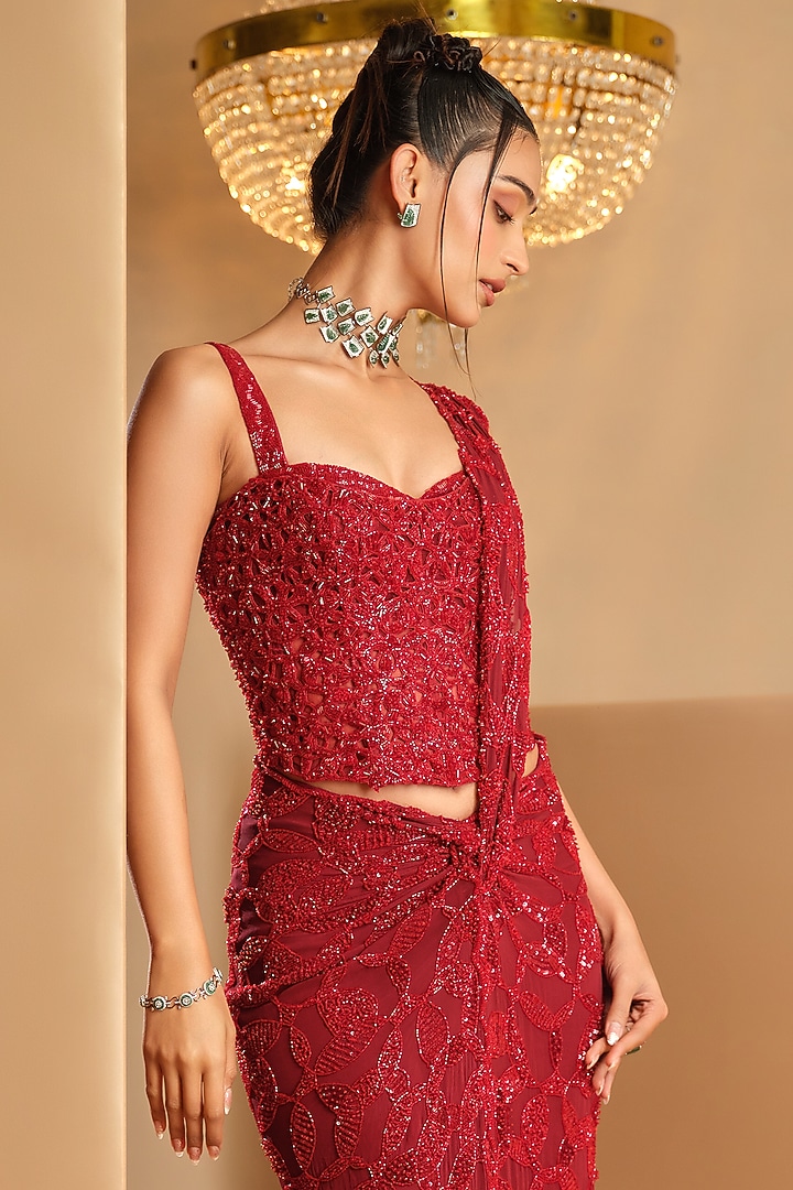 Red Cotton Satin & Net Draped Bridal Saree Set by K&A By Karishma And Ashita at Pernia's Pop Up Shop