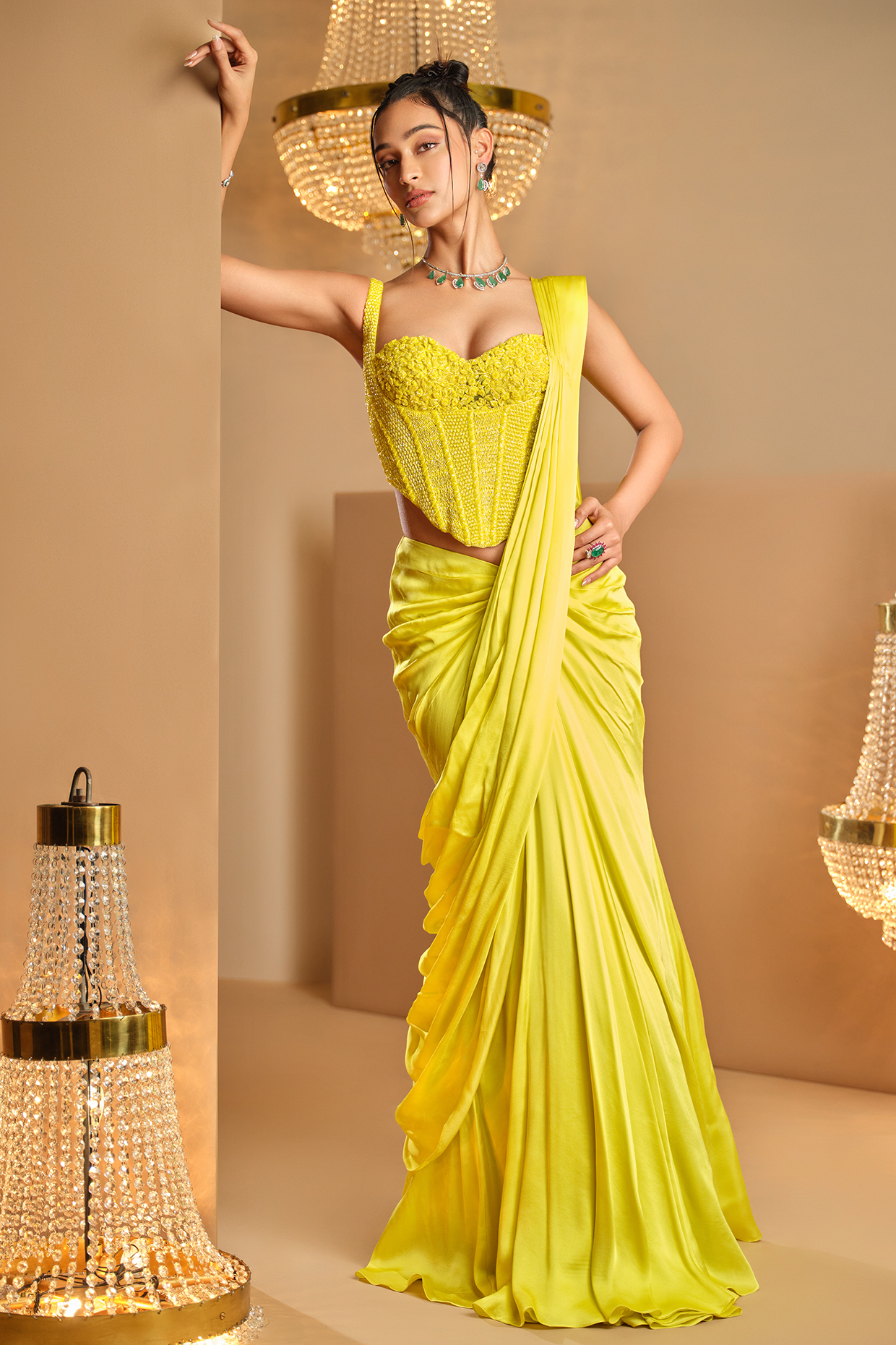 Lemon Yellow Cotton Satin Draped Reception Saree Set by K&A By Karishma And Ashita at Pernia's Pop Up Shop