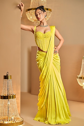 Lemon Yellow Cotton Satin Draped Saree Set by K&A By Karishma And Ashita