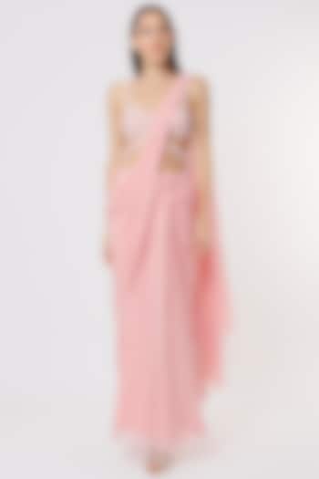 Baby Pink Georgette Draped Wedding Saree Set by K&A By Karishma And Ashita at Pernia's Pop Up Shop
