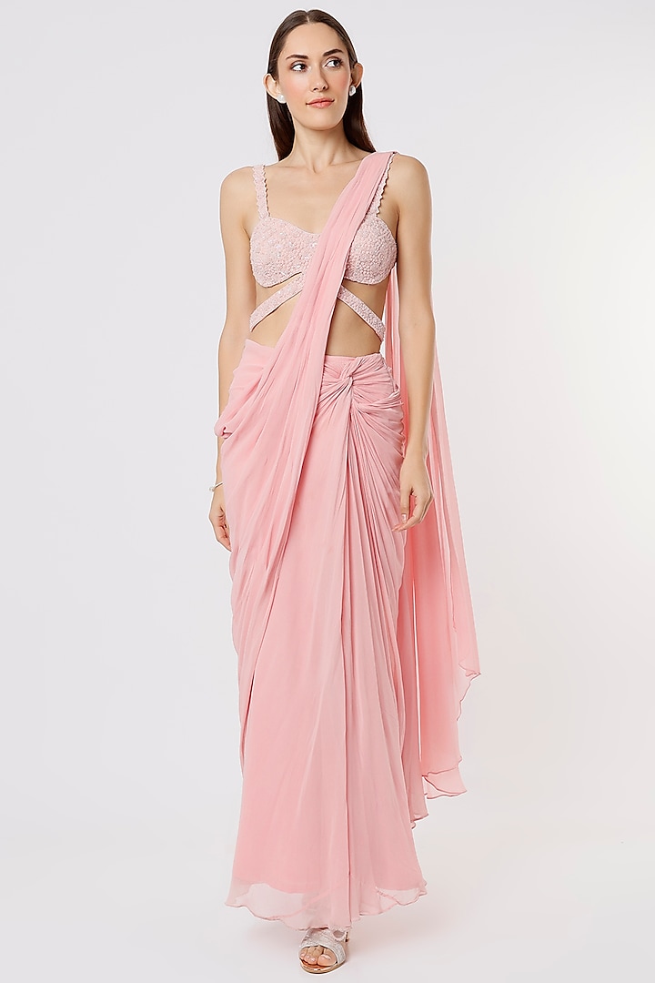 Baby Pink Georgette Draped Wedding Saree Set by K&A By Karishma And Ashita at Pernia's Pop Up Shop