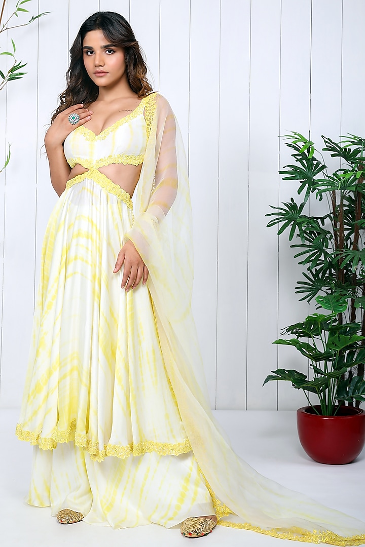 Yellow Cotton Satin Tie-Dye Anarkali Set by K&A By Karishma And Ashita
