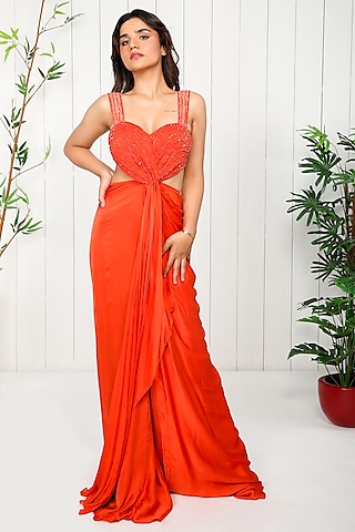 Orange Satin Georgette Jumpsuit by K&A By Karishma And Ashita