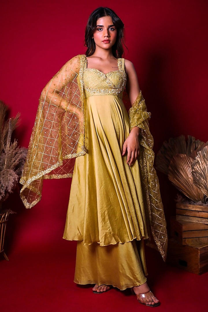 Pastel Olive Green Hand Embroidered Anarkali Set by K&A By Karishma And Ashita