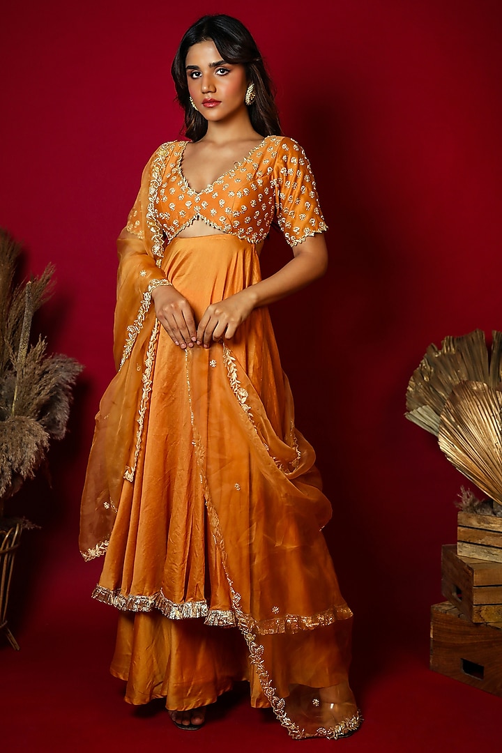Pastel Orange Hand Embroidered Anarkali Set by K&A By Karishma And Ashita