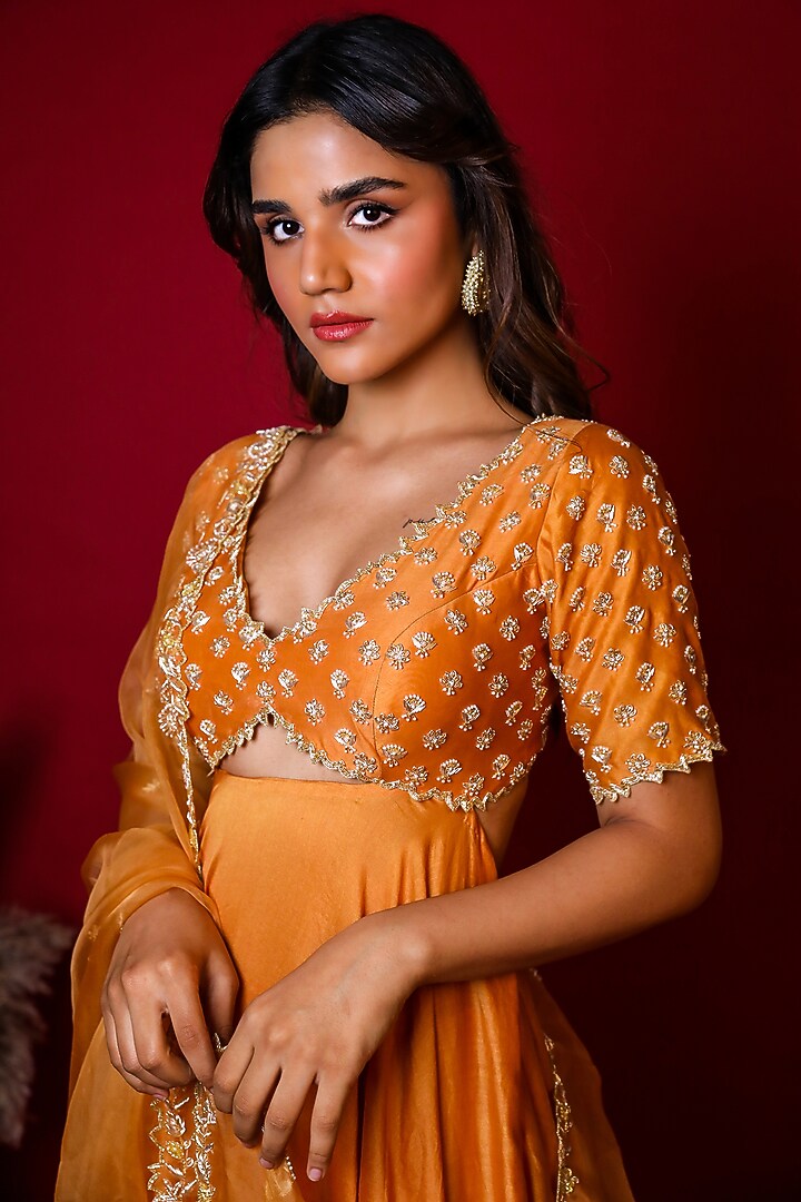 Pastel Orange Hand Embroidered Wedding Anarkali Set by K&A By Karishma And Ashita at Pernia's Pop Up Shop