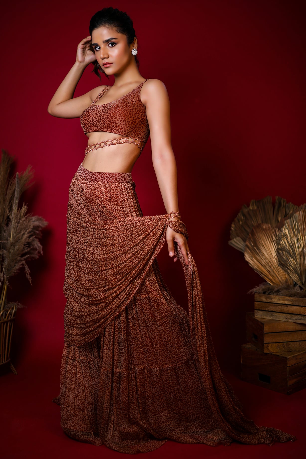Dusty Brown Georgette Flare Pant Set Design by K&A By Karishma And Ashita  at Pernia's Pop Up Shop 2024