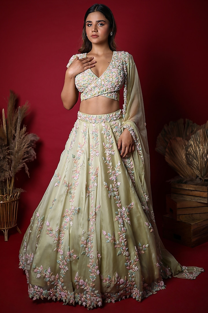 Sage Green Hand Embellished Bridal Lehenga Set by K&A By Karishma And Ashita at Pernia's Pop Up Shop