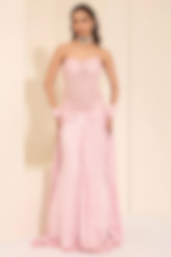 Baby Pink Cotton Satin Draped Skirt Set by K&A By Karishma And Ashita at Pernia's Pop Up Shop