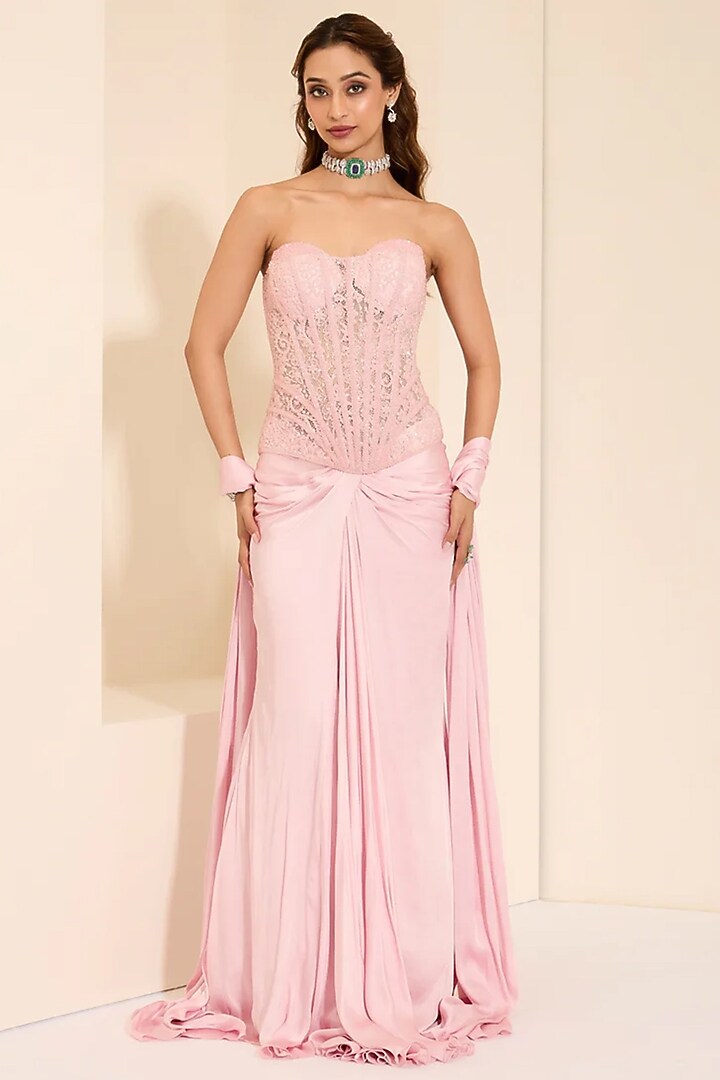 Baby Pink Cotton Satin Draped Skirt Set by K&A By Karishma And Ashita at Pernia's Pop Up Shop