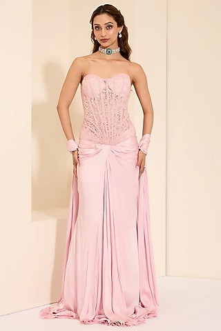 Baby Pink Cotton Satin Draped Skirt Set by K&A By Karishma And Ashita