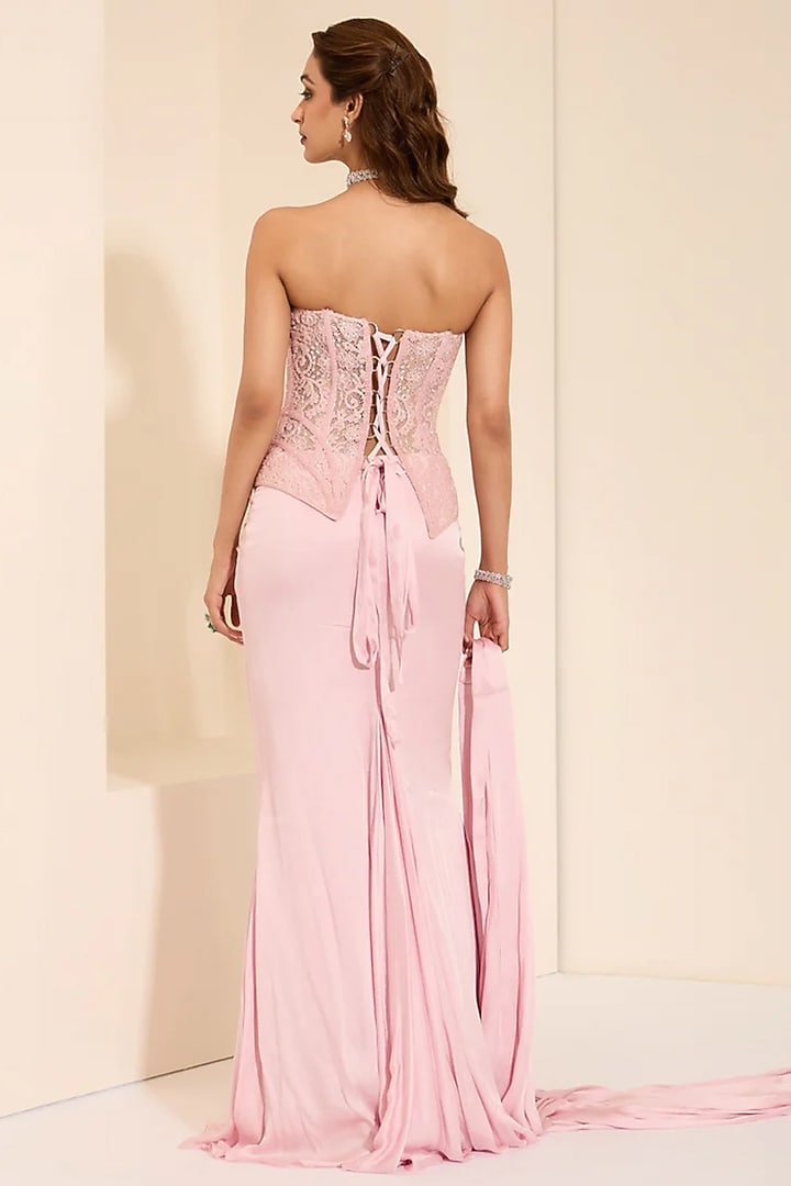 Baby Pink Cotton Satin Draped Skirt Set by K&A By Karishma And Ashita at Pernia's Pop Up Shop