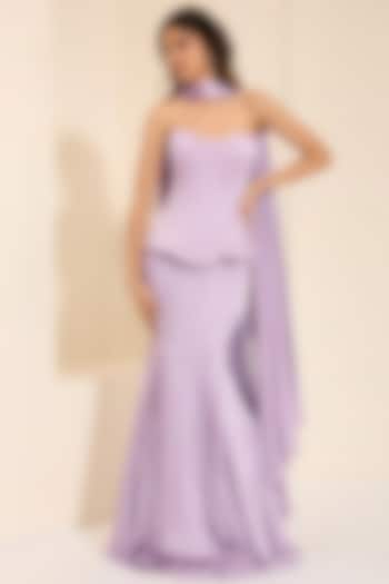 Lilac Cotton Satin Pre-Draped Wedding Saree Set by K&A By Karishma And Ashita at Pernia's Pop Up Shop