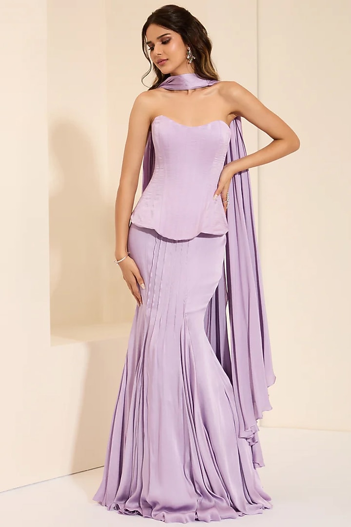Lilac Cotton Satin Pre-Draped Wedding Saree Set by K&A By Karishma And Ashita at Pernia's Pop Up Shop