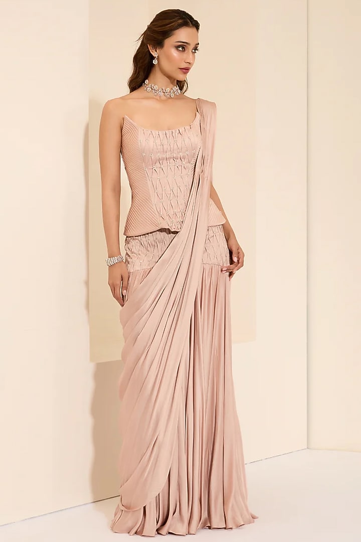 Blush Pink Cotton Satin Pre-Draped Wedding Saree Set by K&A By Karishma And Ashita at Pernia's Pop Up Shop