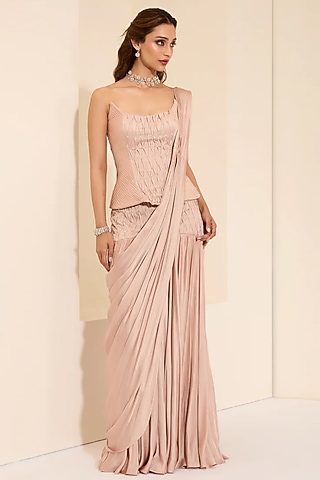 Blush Pink Cotton Satin Pre-Draped Saree Set by K&A By Karishma And Ashita