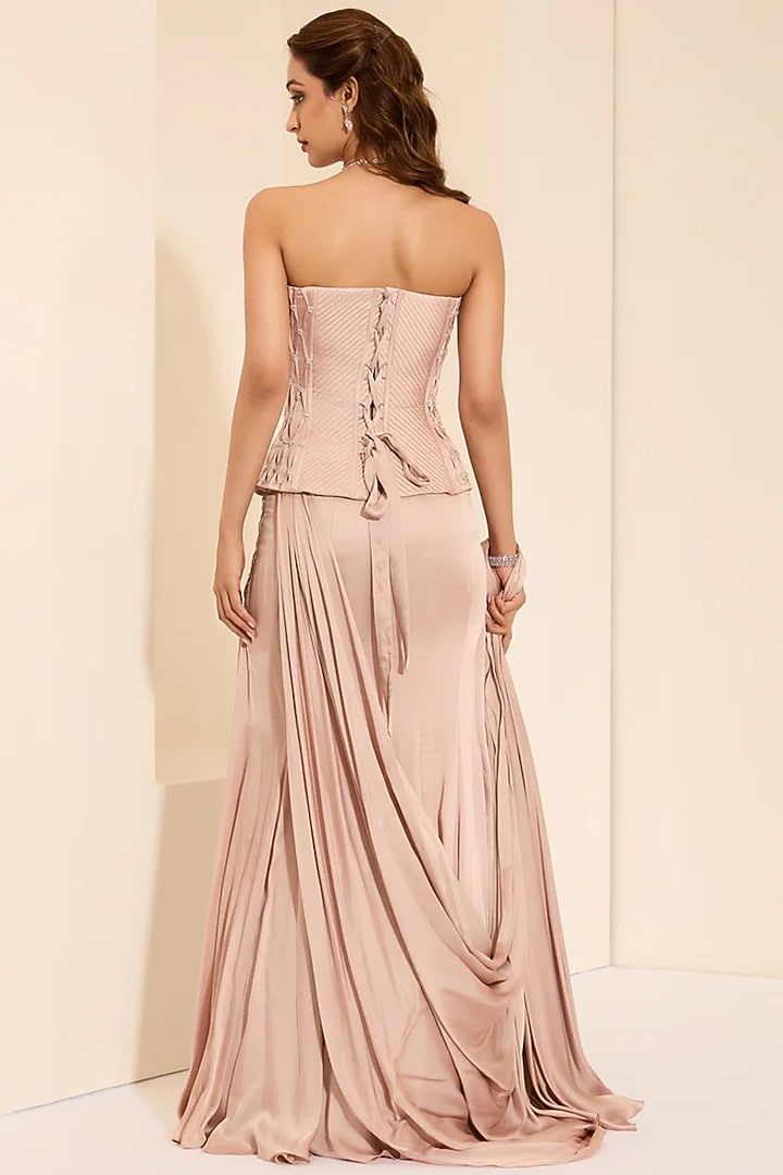 Blush Pink Cotton Satin Pre-Draped Wedding Saree Set by K&A By Karishma And Ashita at Pernia's Pop Up Shop