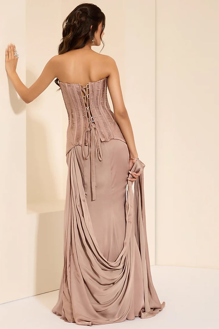 Mauve Cotton Satin Pre-Draped Wedding Saree Set by K&A By Karishma And Ashita at Pernia's Pop Up Shop