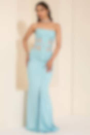 Blue Cotton Satin Draped Skirt Set by K&A By Karishma And Ashita at Pernia's Pop Up Shop