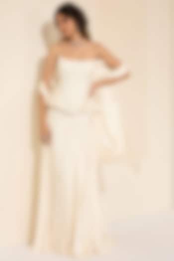 Ivory Cotton Satin Pre-Draped Wedding Saree Set by K&A By Karishma And Ashita at Pernia's Pop Up Shop