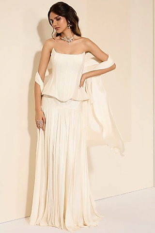 Ivory Cotton Satin Pre-Draped Saree Set by K&A By Karishma And Ashita