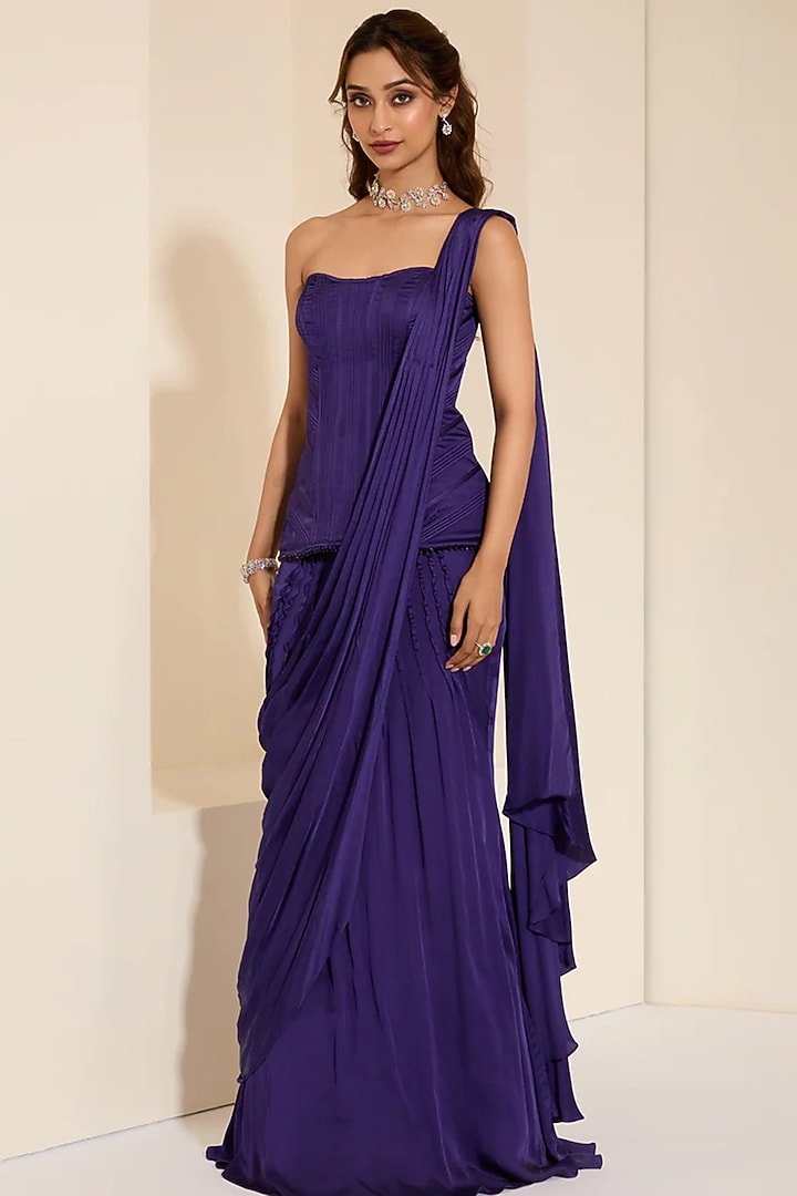 Purple Cotton Satin Pre-Draped Wedding Saree Set by K&A By Karishma And Ashita at Pernia's Pop Up Shop
