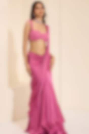 Dark Pink Cotton Satin Pre-Draped Wedding Saree Set by K&A By Karishma And Ashita at Pernia's Pop Up Shop