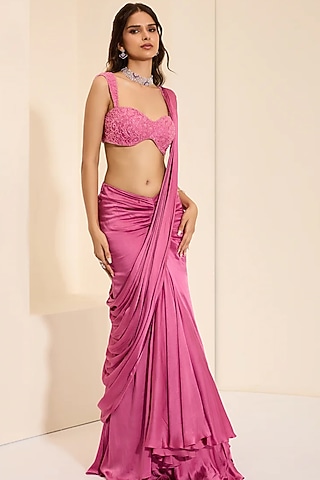 Dark Pink Cotton Satin Pre-Draped Saree Set by K&A By Karishma And Ashita