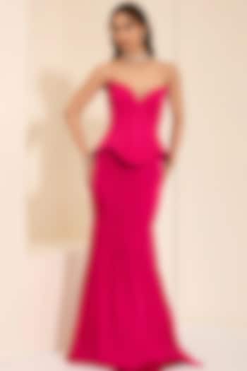 Hot Pink Cotton Satin Draped Skirt Set by K&A By Karishma And Ashita at Pernia's Pop Up Shop