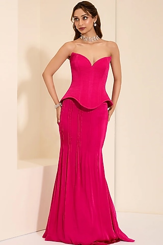 Hot Pink Cotton Satin Draped Skirt Set by K&A By Karishma And Ashita