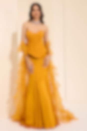 Mustard Yellow Cotton Satin Draped Skirt Set by K&A By Karishma And Ashita at Pernia's Pop Up Shop