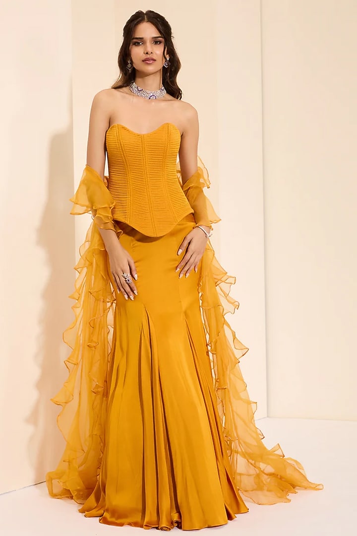 Mustard Yellow Cotton Satin Draped Skirt Set by K&A By Karishma And Ashita at Pernia's Pop Up Shop