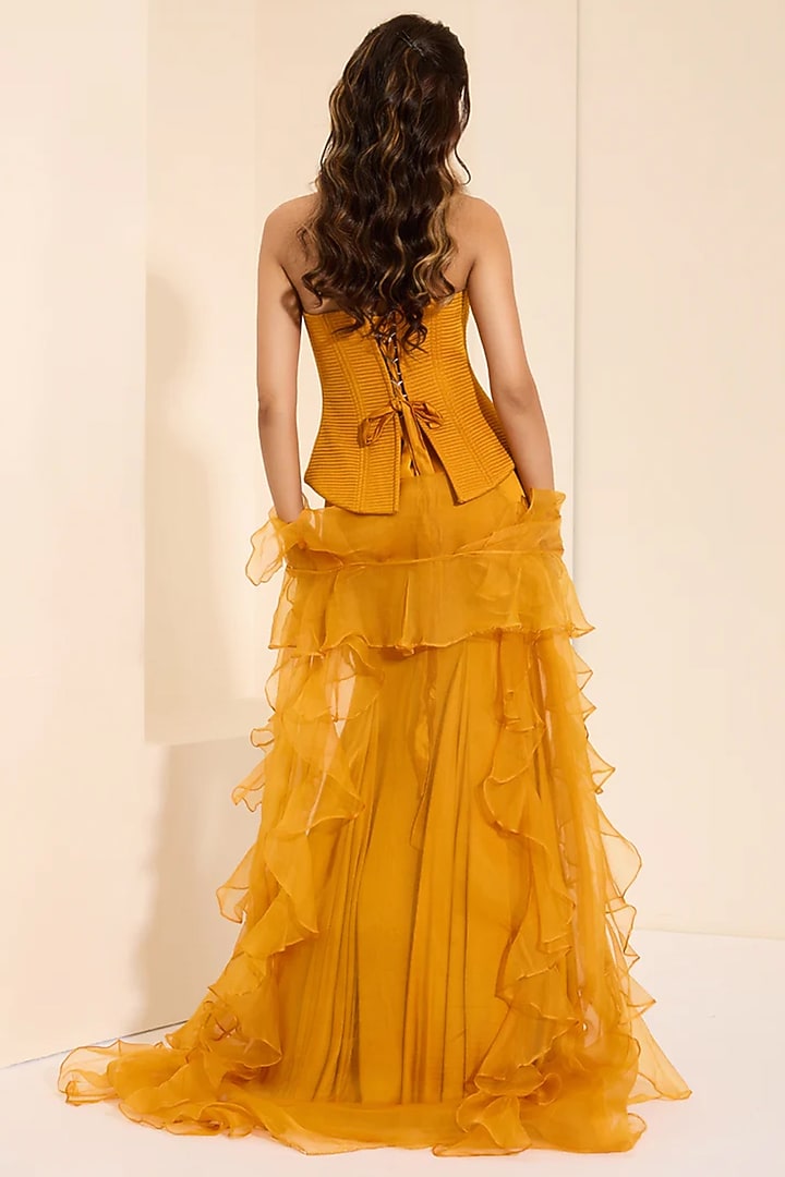 Mustard Yellow Cotton Satin Draped Skirt Set by K&A By Karishma And Ashita at Pernia's Pop Up Shop