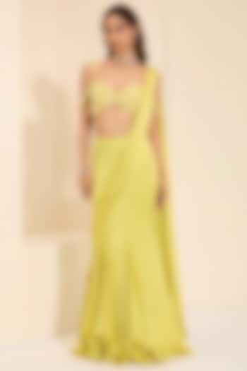 Lime Yellow Cotton Satin Pre-Draped Wedding Saree Set by K&A By Karishma And Ashita at Pernia's Pop Up Shop