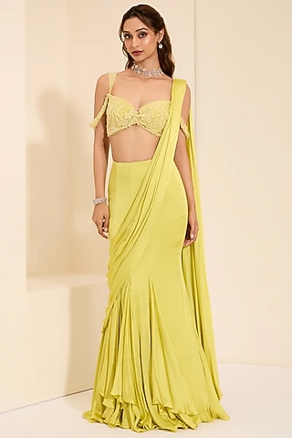 Lime Yellow Cotton Satin Pre-Draped Saree Set by K&A By Karishma And Ashita