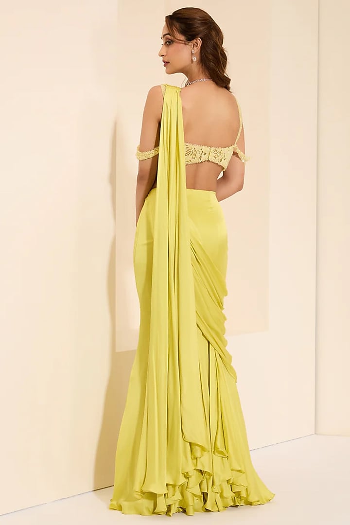 Lime Yellow Cotton Satin Pre-Draped Wedding Saree Set by K&A By Karishma And Ashita at Pernia's Pop Up Shop