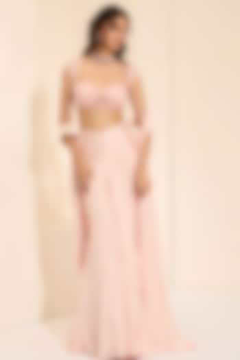 Light Pink Cotton Satin Pre-Draped Wedding Saree Set by K&A By Karishma And Ashita at Pernia's Pop Up Shop