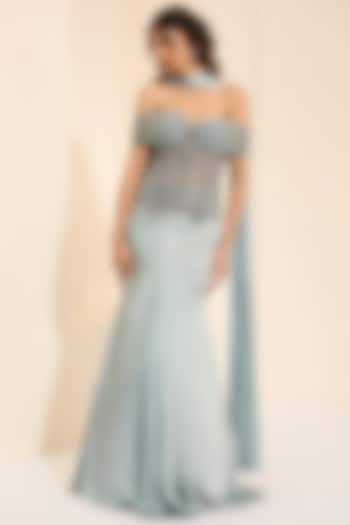 Grey Cotton Satin Draped Skirt Set by K&A By Karishma And Ashita at Pernia's Pop Up Shop